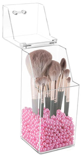 Sooyee Makeup Brush HolderMakeup Brush Organizer with 8mm Pink PearlsDustproof Makeup Brush holder with Lid