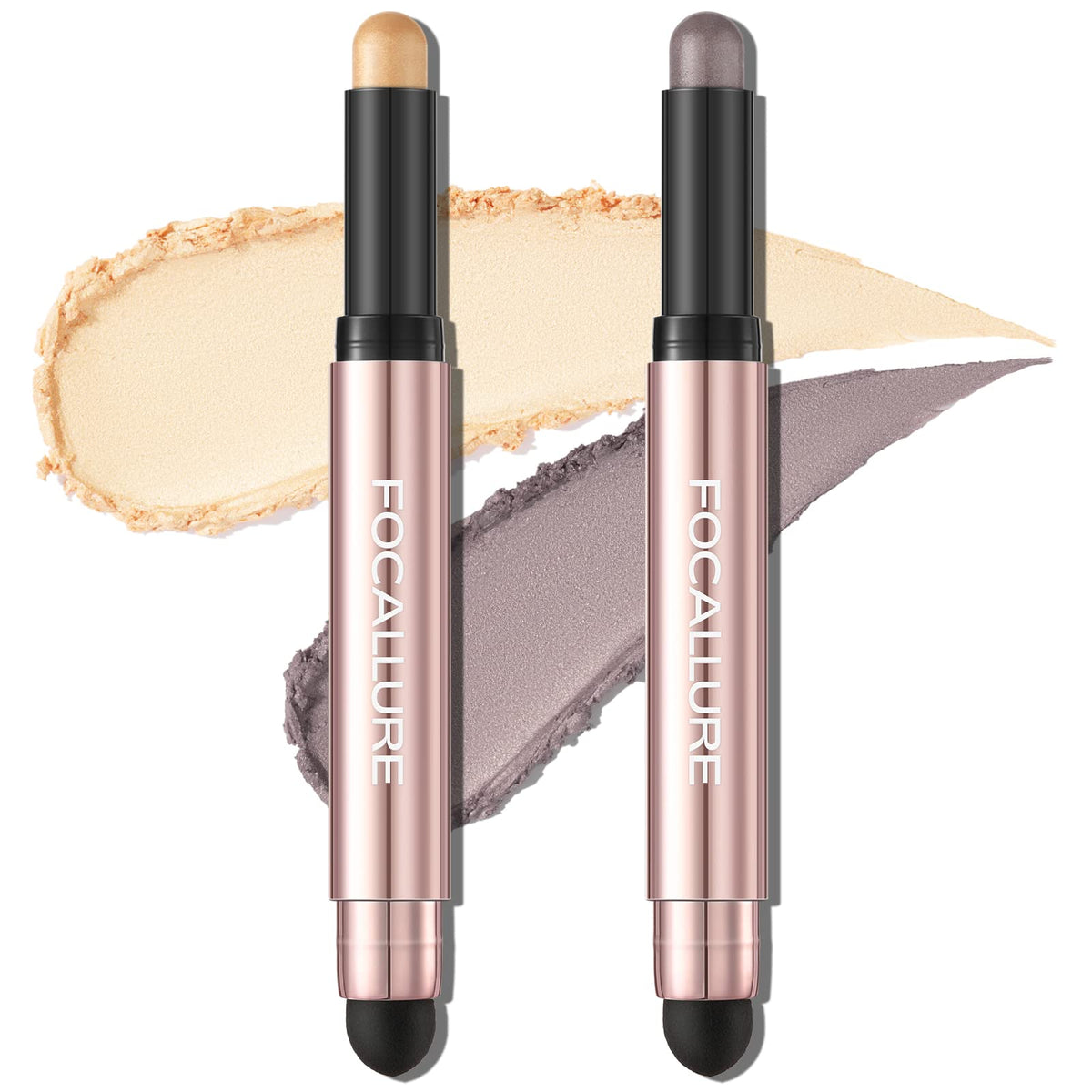 FOCALLURE 2PCS No Crease Eyeshadow StickShimmer and Matte Cream Eyeshadow Pencil CrayonLong Lasting Waterproof Eye Brightener Stick With Blending BrushCalifornia Gold Rush