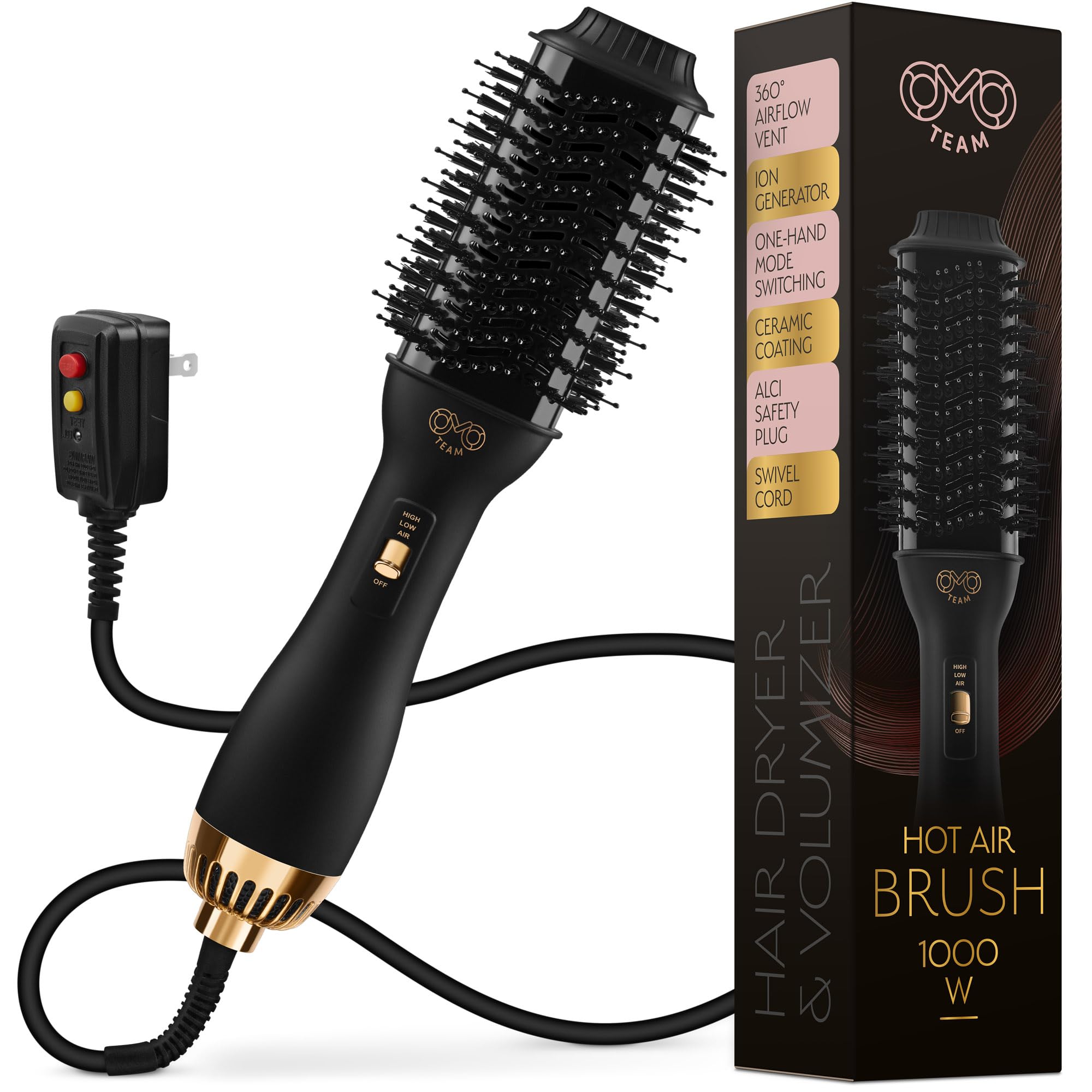 Professional Blowout Hair Dryer Brush, Black Gold Dryer and Volumizer, Hot Air Brush for Women, 75MM Oval Shape (Black Gold)