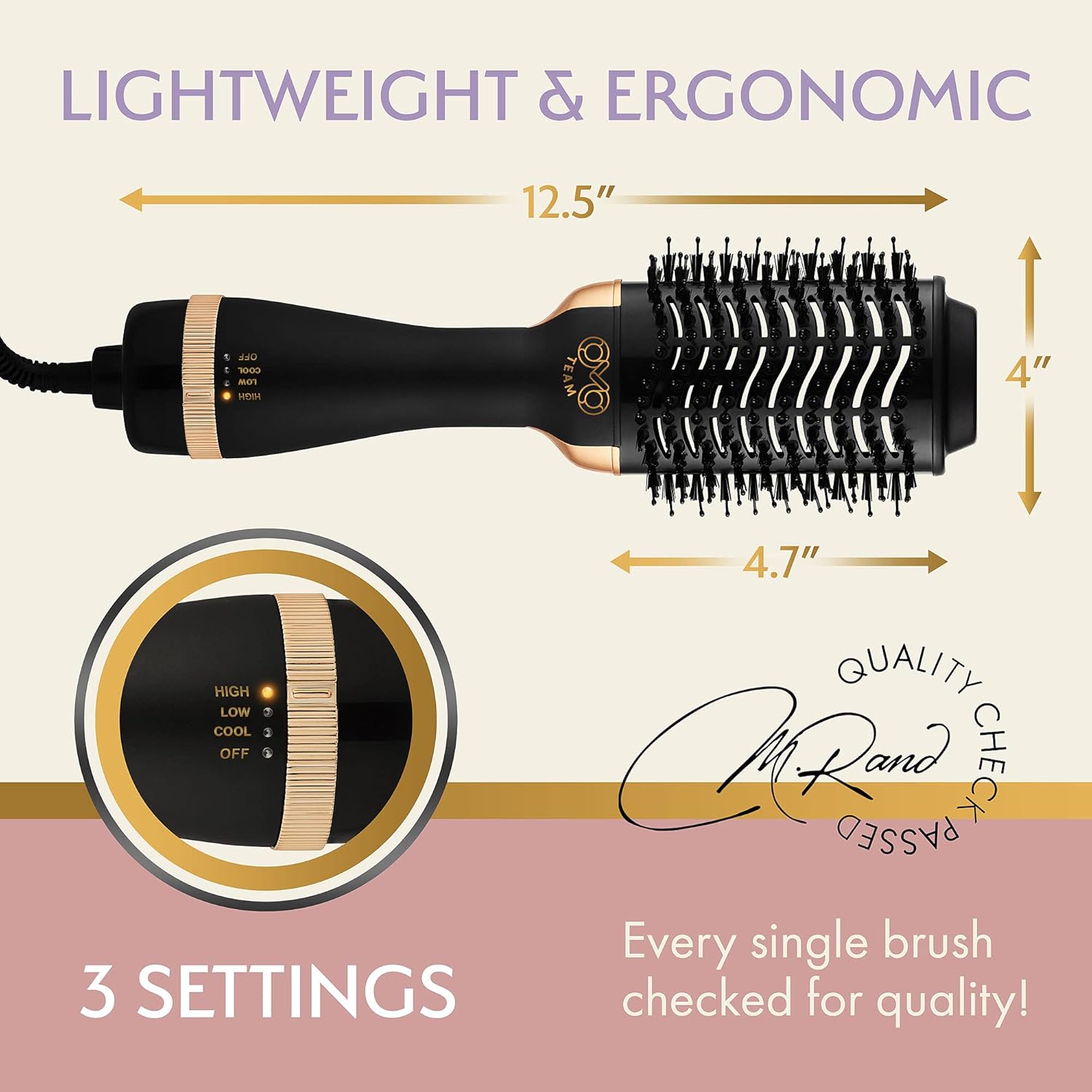 Professional Blowout Hair Dryer Brush, Black Gold Dryer and Volumizer, Hot Air Brush for Women, 75MM Oval Shape (Black Gold)