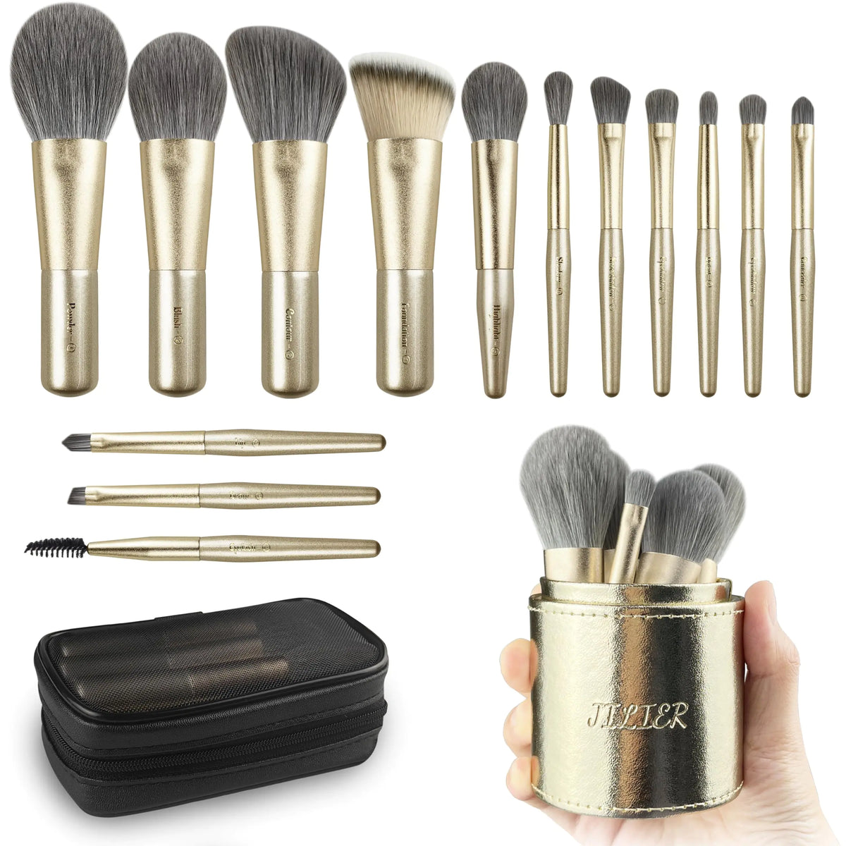 Jilier Travel Makeup Brush Set 14 pcs Mini Makeup Brushes for Foundation Powder Eyeshadow Highlight Contour Blush & Concealer Small Makeup Brush Set Purse Size with Case