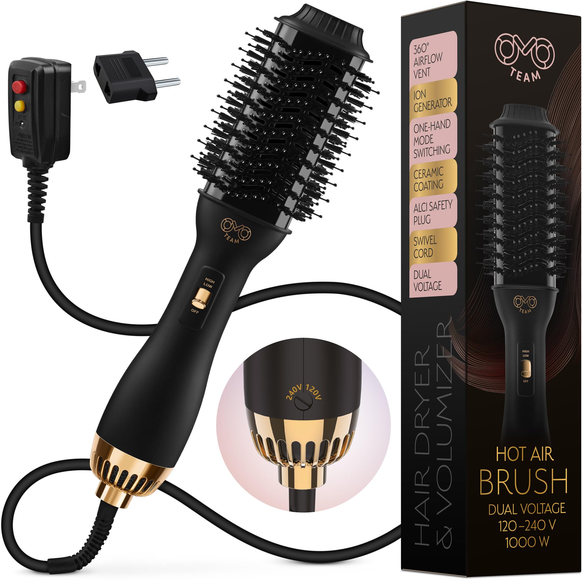 Professional Blowout Hair Dryer Brush, Black Gold Dryer and Volumizer, Hot Air Brush for Women, 75MM Oval Shape (Black Gold)