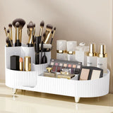 Rotating makeup organizerLarge Capacity Cosmetic Display Case easy to hold all of your makeup products at least 20 makeup brushes/eyeliner10 lipsticks8 skincare products(White)