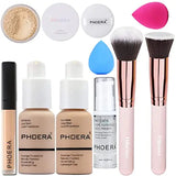 PHOERA FoundationFull Coverage FoundationPHOERA PrimerPHOERA PowderPHOERA Concealer PHOERA Makeup Set Kabuki Makeup Brushes Foundation Brush Powder2 Makeup Sponge (102 Nude + 104 Buff Beige)