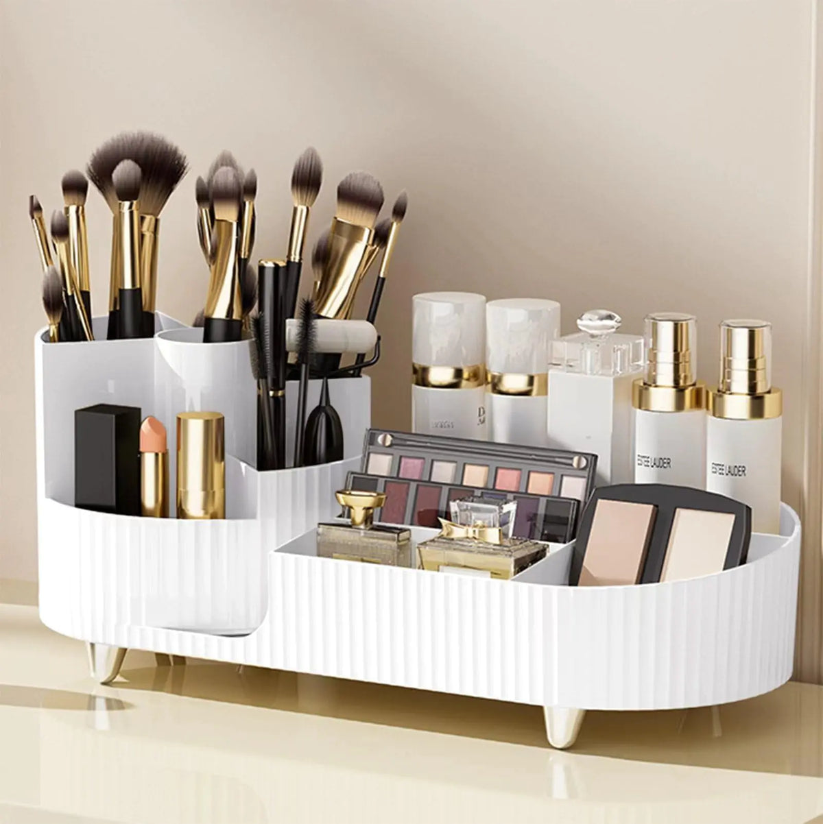 Rotating makeup organizerLarge Capacity Cosmetic Display Case easy to hold all of your makeup products at least 20 makeup brushes/eyeliner10 lipsticks8 skincare products(White)