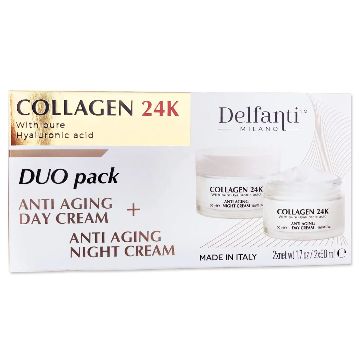 Delfanti • COLLAGEN 24K • Anti-Aging DUO pack • Day Cream jar PLUS Night Cream jar• Face Neck and Décolleté Moisturizers with pure Hyaluronic Acid • Made in Italy